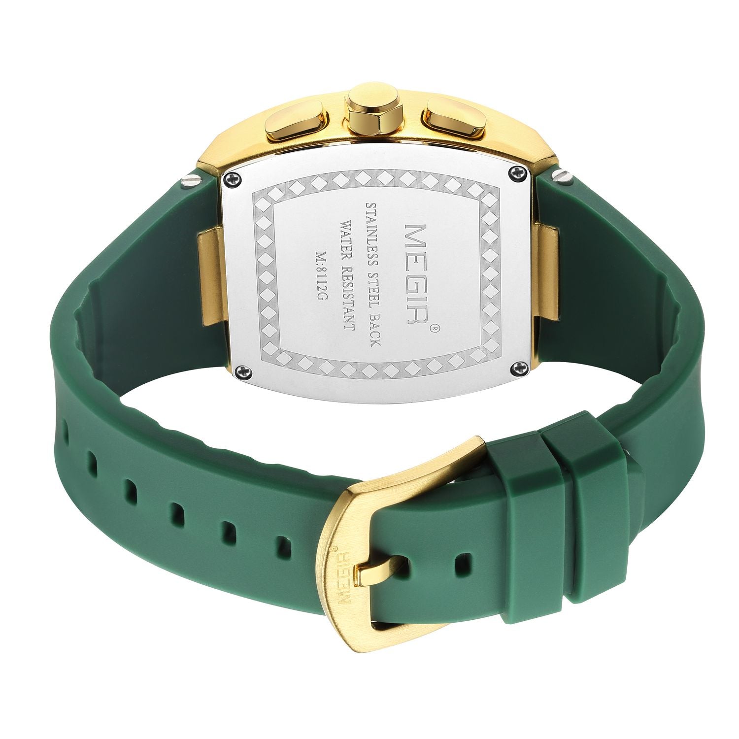 MEGIR 8112 chronograph watch stainless steel caseback with green silicone strap and buckle