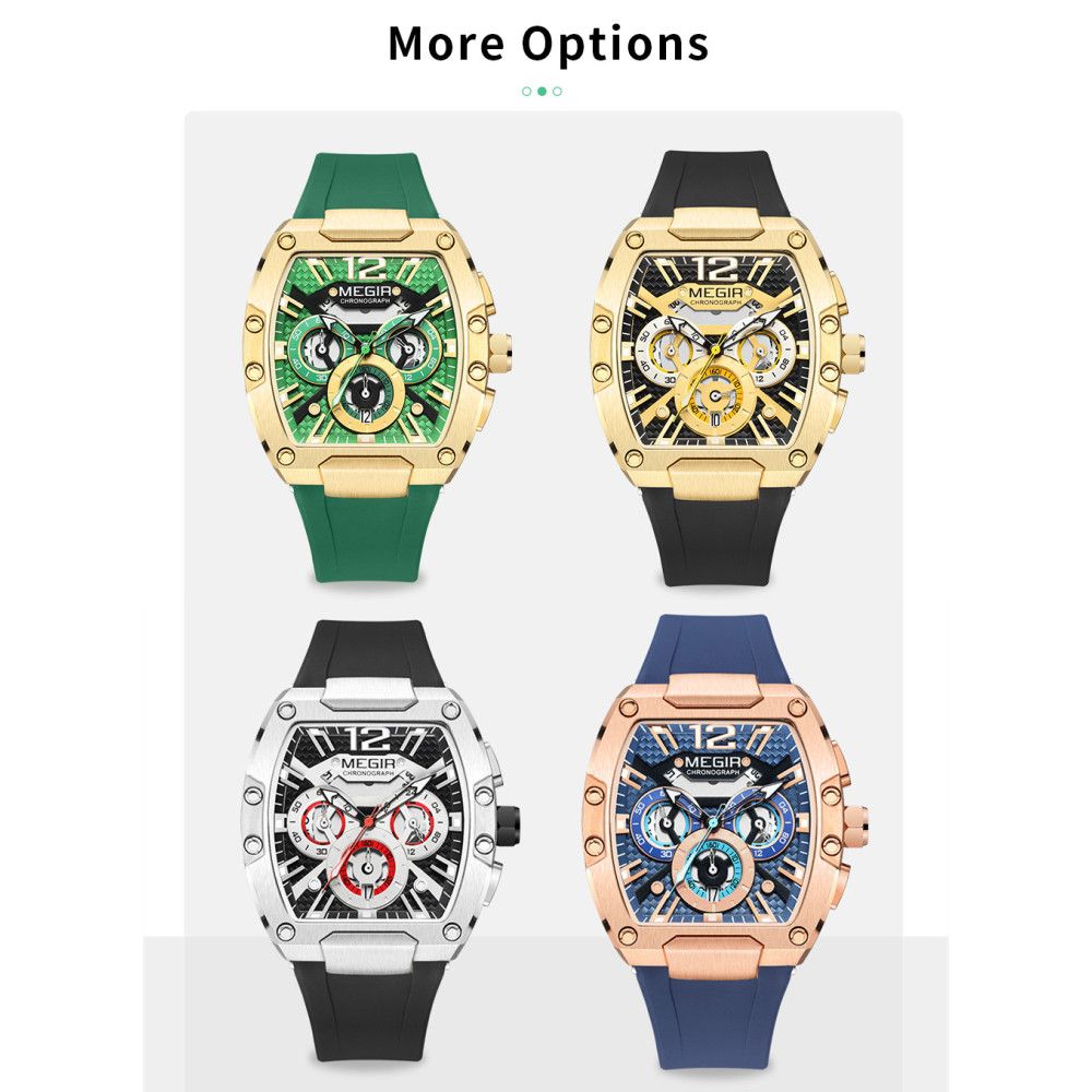 MEGIR 8112 chronograph watch more options graphic showing green-gold, black-gold, silver and blue-rose-gold models