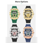 MEGIR 8112 chronograph watch more options graphic showing green-gold, black-gold, silver and blue-rose-gold models
