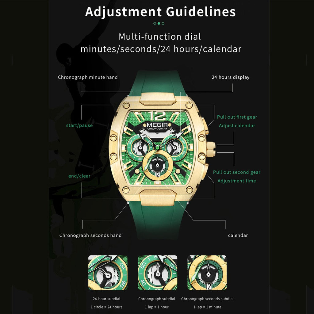 MEGIR 8112 chronograph watch adjustment guidelines graphic showing minute, second, 24-hour and calendar sub-dials
