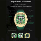 MEGIR 8112 chronograph watch adjustment guidelines graphic showing minute, second, 24-hour and calendar sub-dials