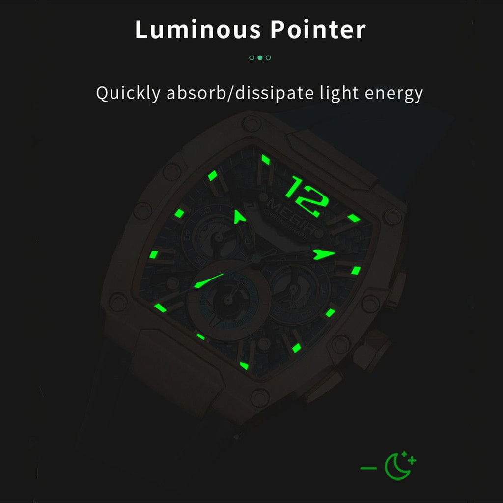 MEGIR 8112 chronograph watch luminous pointer feature graphic with glowing markers in the dark