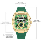 MEGIR 8112 chronograph watch parameters graphic with case size and band width details, green-gold model