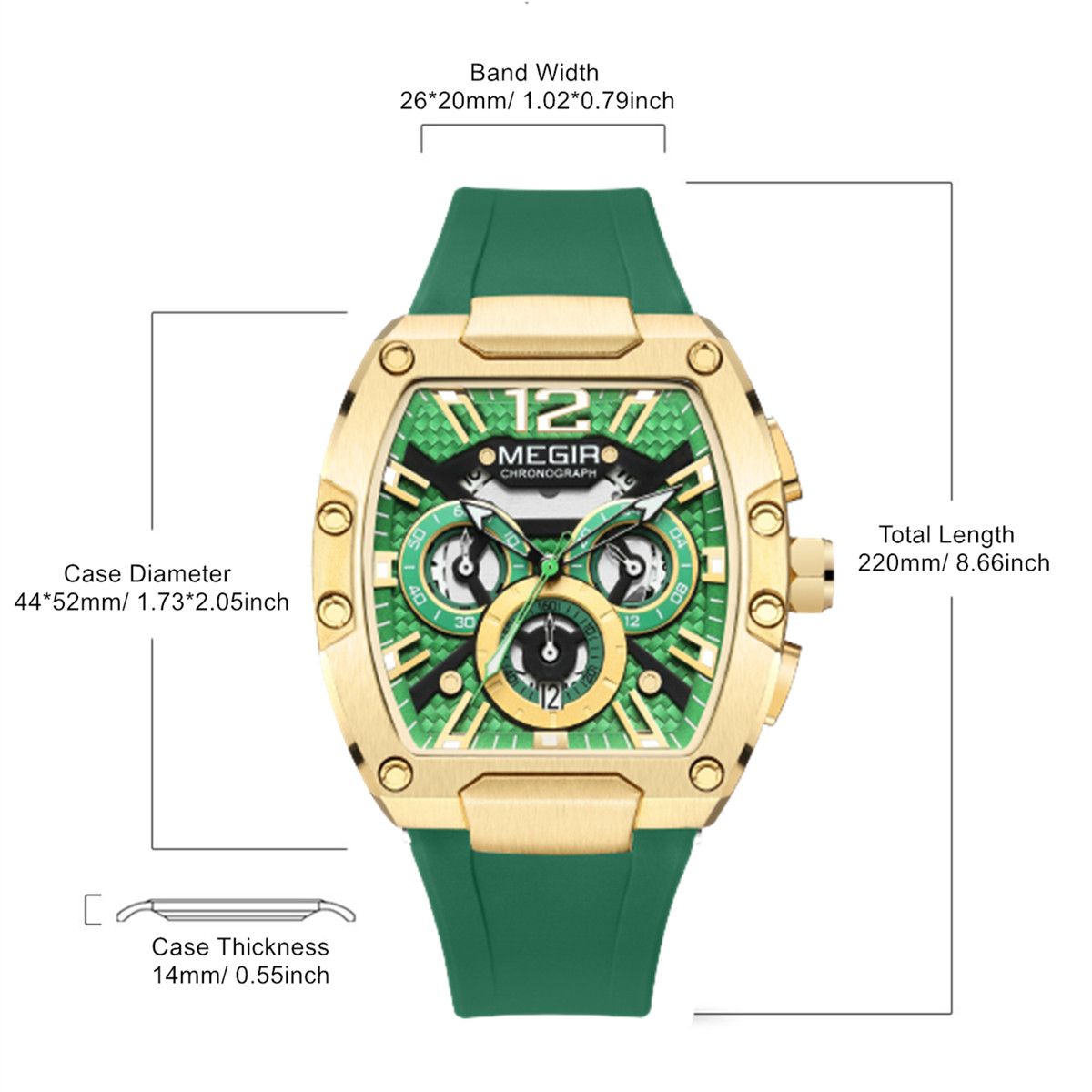 MEGIR 8112 chronograph watch parameters graphic with case size and band width details, green-gold model