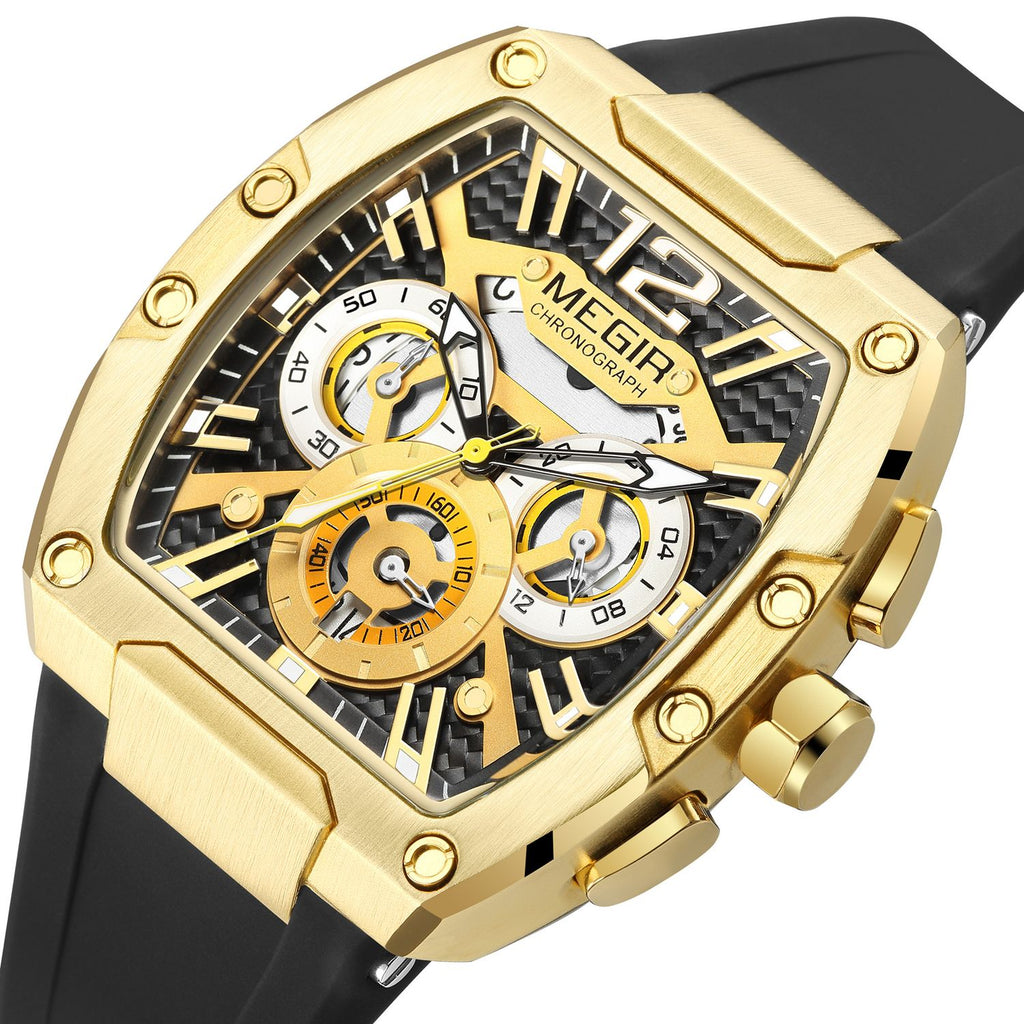 MEGIR 8112 men's chronograph watch, gold tonneau case, black and gold skeleton dial and black silicone strap, angled view