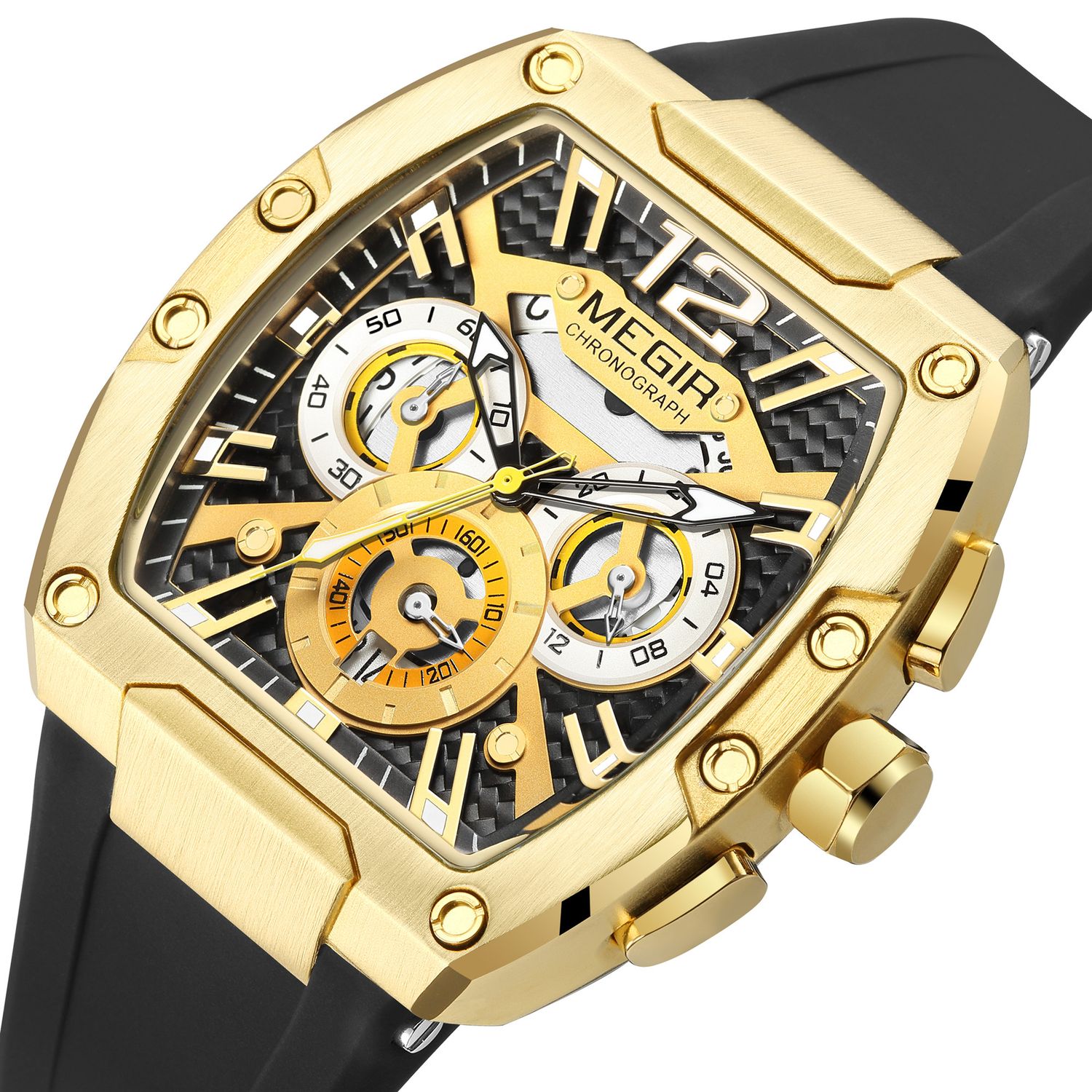 MEGIR 8112 men's chronograph watch, gold tonneau case, black and gold skeleton dial and black silicone strap, angled view