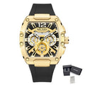MEGIR 8112 men's chronograph watch, gold tonneau case, black skeleton dial and black silicone strap, front with gift box