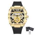 MEGIR 8112 men's chronograph watch, gold tonneau case, black skeleton dial and black silicone strap, front with gift box