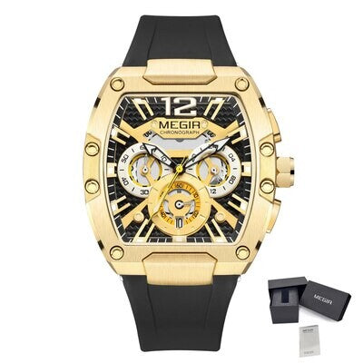 MEGIR 8112 men's chronograph watch, gold tonneau case, black skeleton dial and black silicone strap, front with gift box