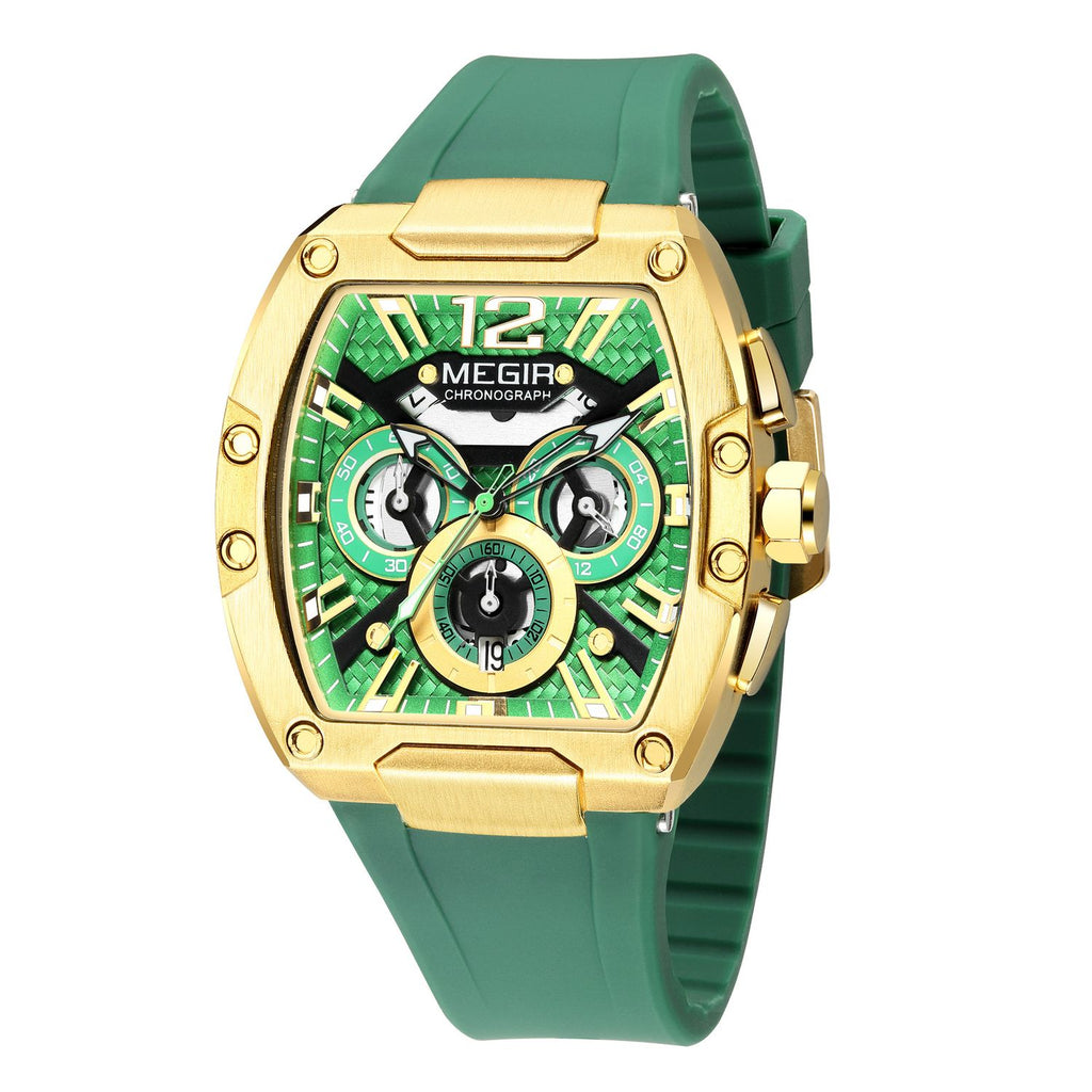 MEGIR 8112 men's chronograph watch, gold tonneau case, green skeleton dial and green silicone strap, front angle