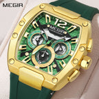 MEGIR 8112 men's chronograph watch, gold tonneau case, green skeleton dial and green silicone strap, angled view