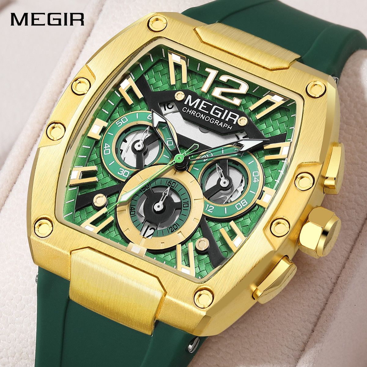 MEGIR 8112 men's chronograph watch, gold tonneau case, green skeleton dial and green silicone strap, angled view