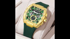 MEGIR 8112 chronograph watch, gold tonneau case, green skeleton dial and green silicone strap, displayed in gift box