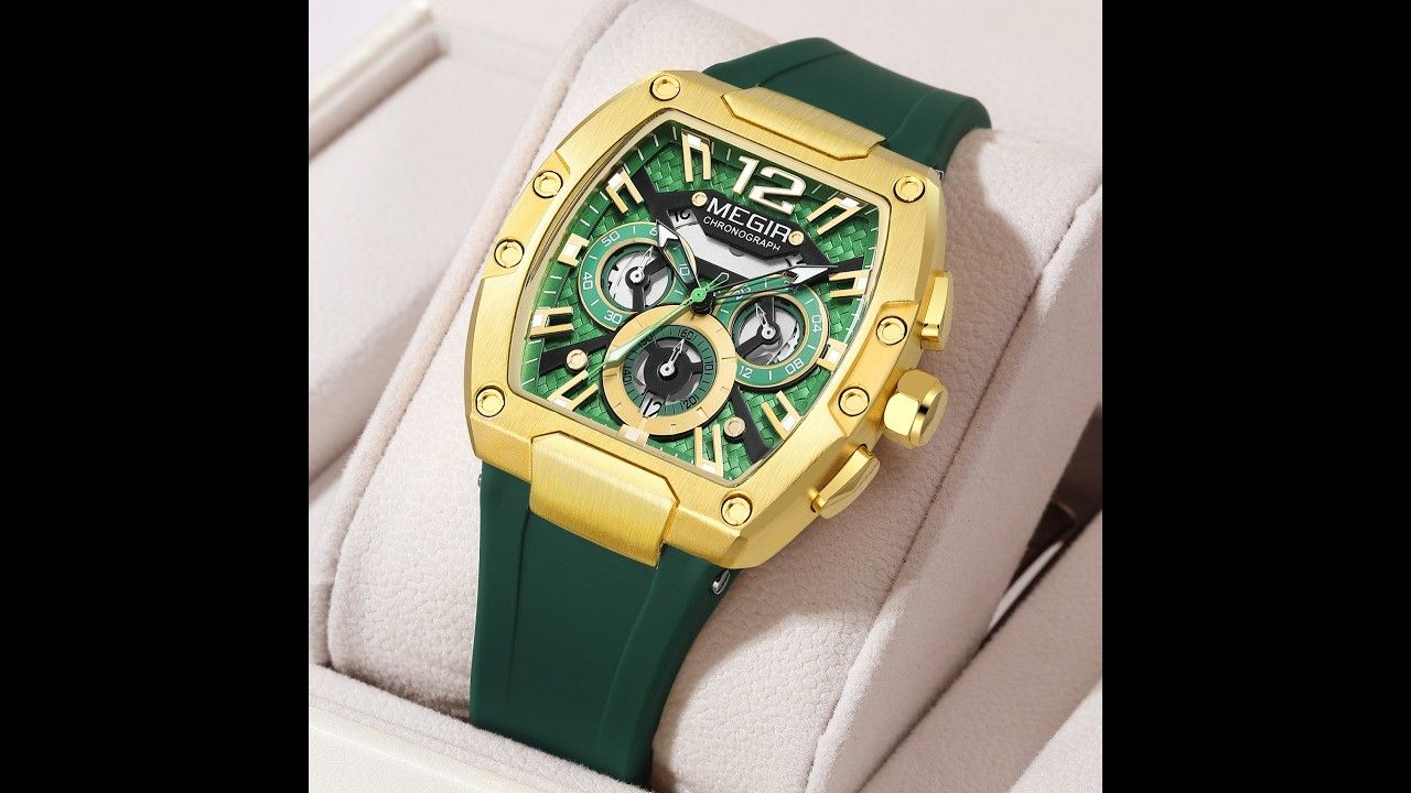 MEGIR 8112 chronograph watch, gold tonneau case, green skeleton dial and green silicone strap, displayed in gift box