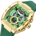 MEGIR 8112 men's chronograph watch, gold tonneau case, green skeleton dial with date and green silicone strap, close-up