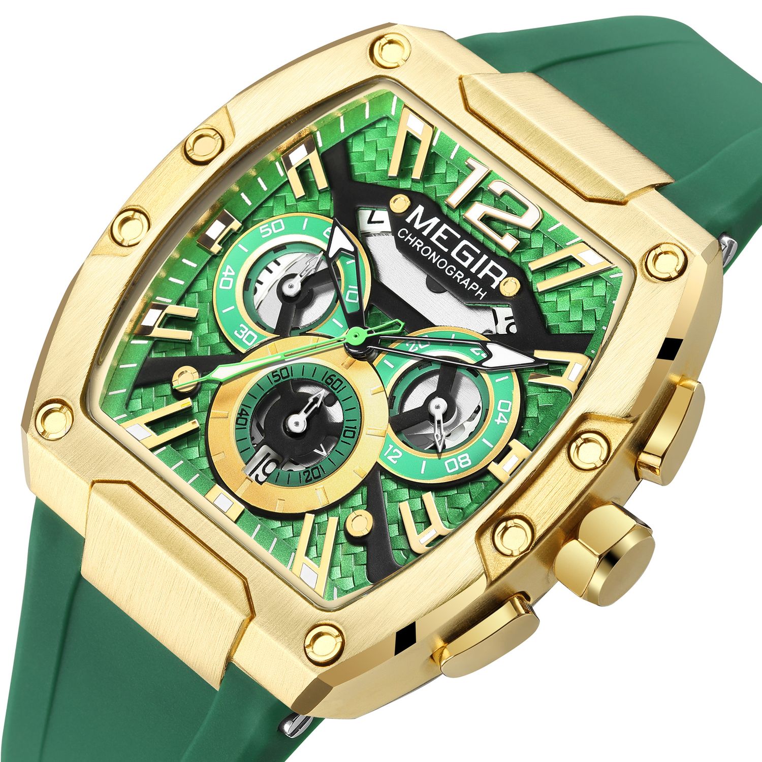 MEGIR 8112 men's chronograph watch, gold tonneau case, green skeleton dial with date and green silicone strap, close-up