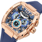 MEGIR 8112 men's chronograph watch, rose-gold tonneau case, blue skeleton dial and blue silicone strap, angled view