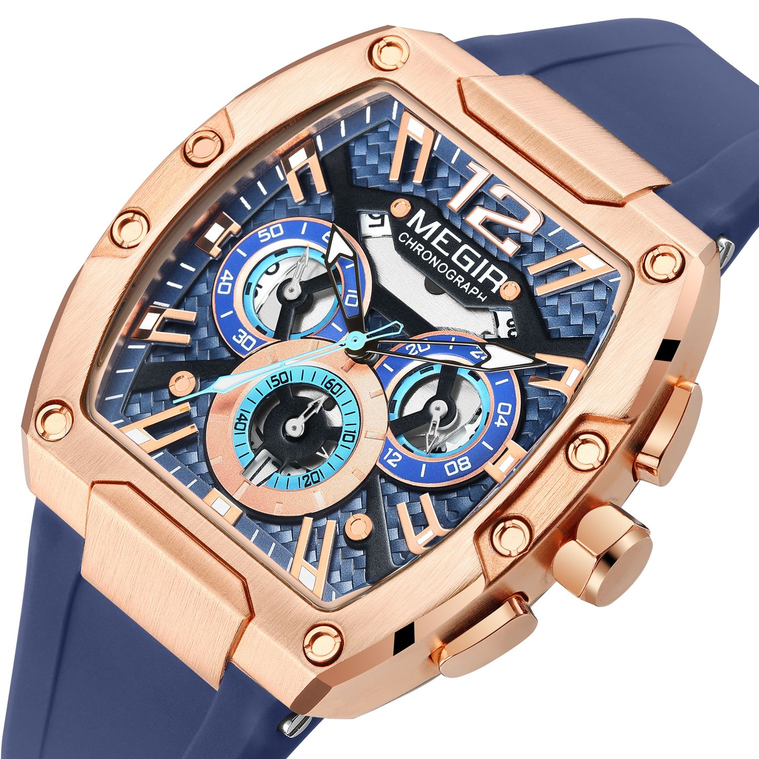 MEGIR 8112 men's chronograph watch, rose-gold tonneau case, blue skeleton dial and blue silicone strap, angled view