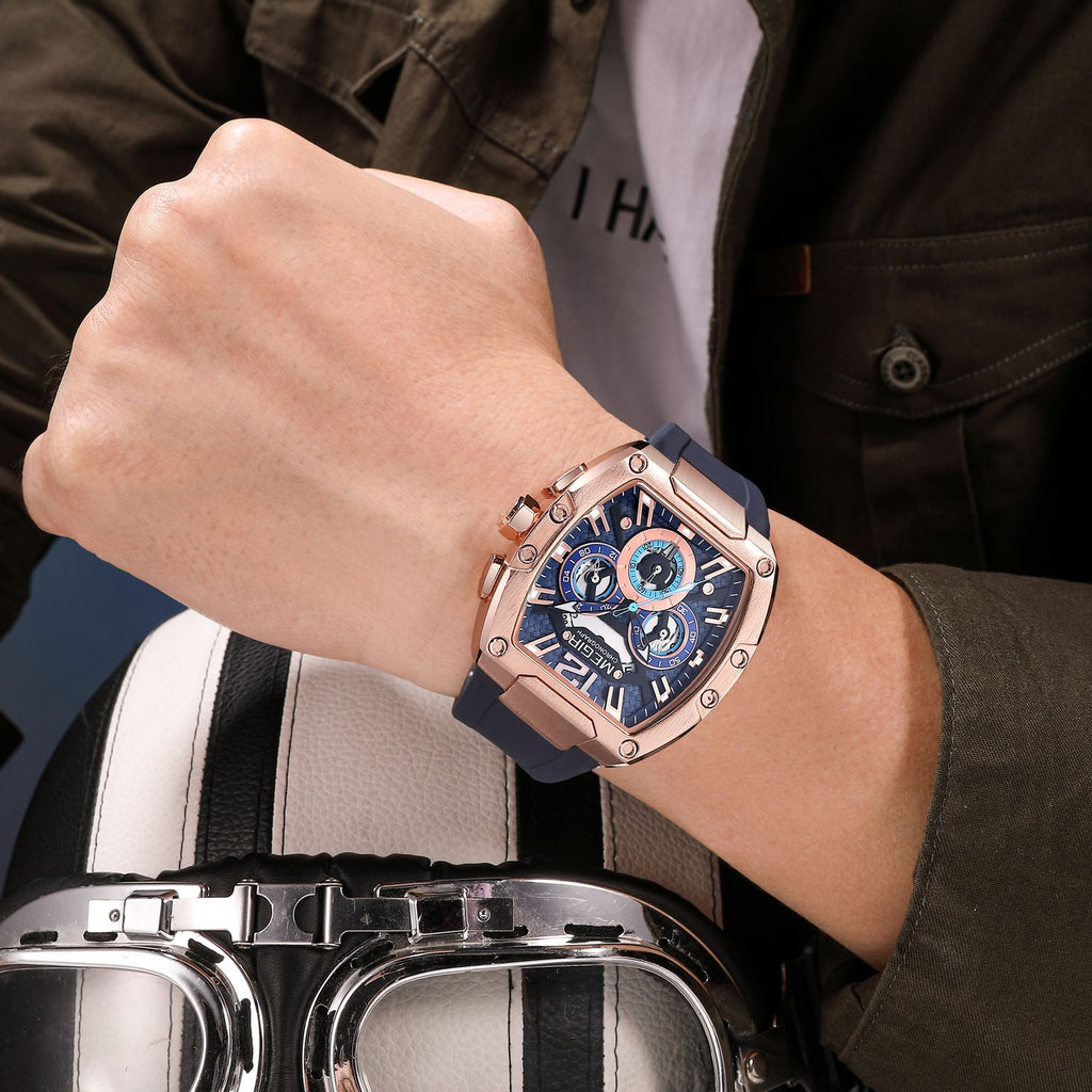MEGIR 8112 chronograph watch on the wrist, rose-gold tonneau case, blue dial and blue silicone strap