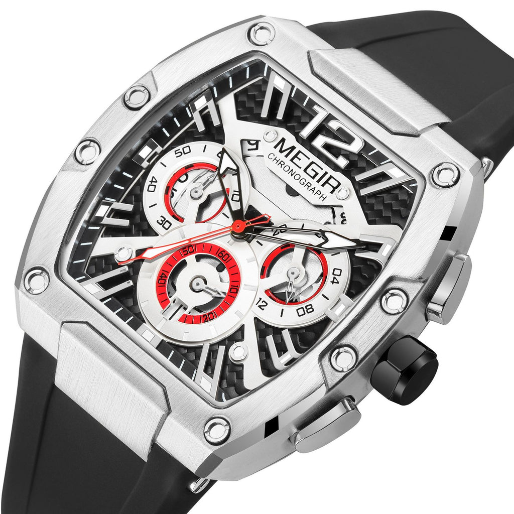 MEGIR 8112 men's chronograph watch, silver tonneau case, skeleton dial with red accents and black silicone strap, angled view