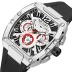 MEGIR 8112 men's chronograph watch, silver tonneau case, skeleton dial with red accents and black silicone strap, angled view