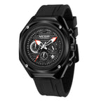 MEGIR 8118 men's chronograph watch, black case, black dial with red-tipped hands and black silicone strap, angled close-up