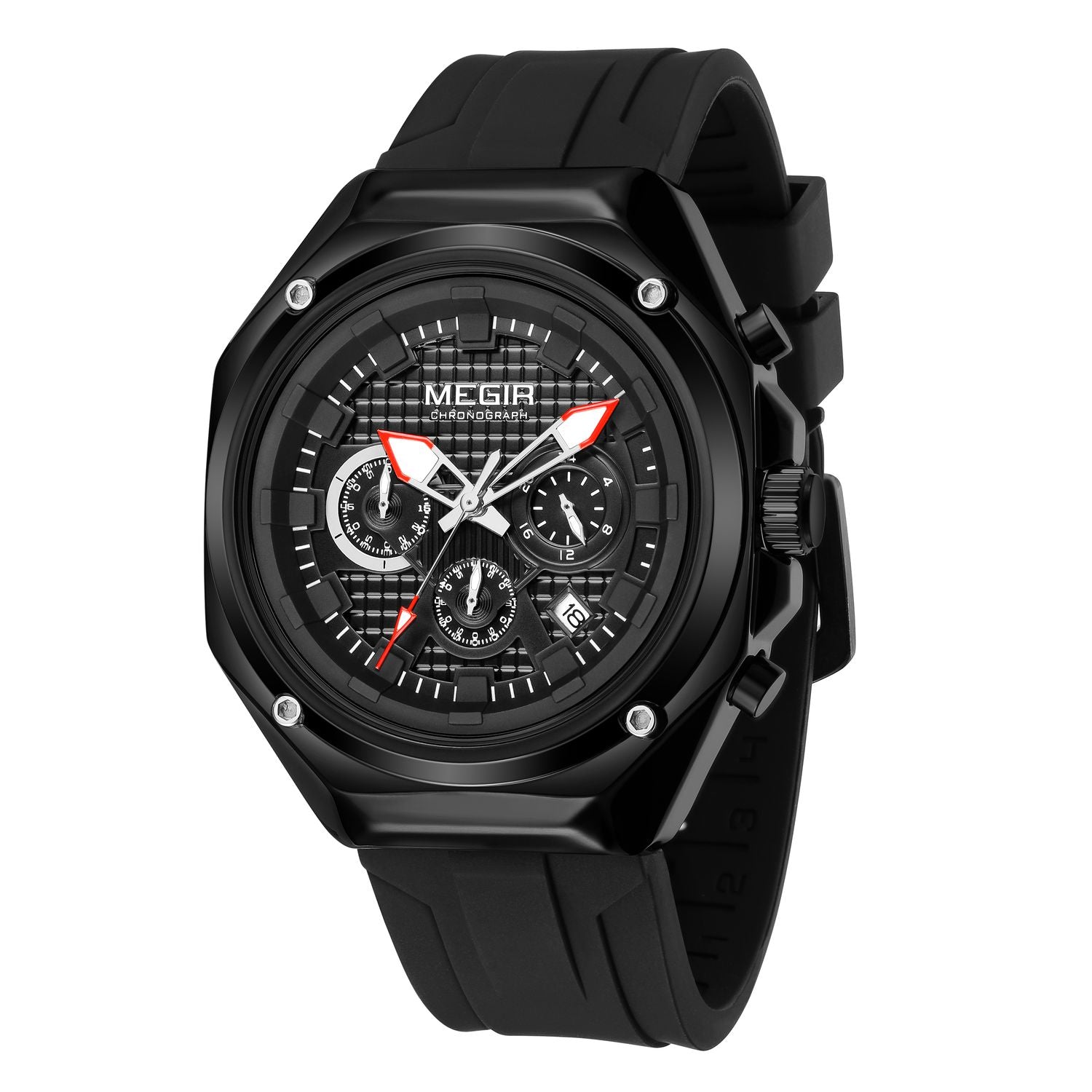 MEGIR 8118 men's chronograph watch, black case, black dial with red-tipped hands and black silicone strap, angled close-up