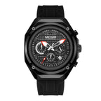 MEGIR 8118 men's chronograph watch, black case, black dial with date and black silicone strap, front view