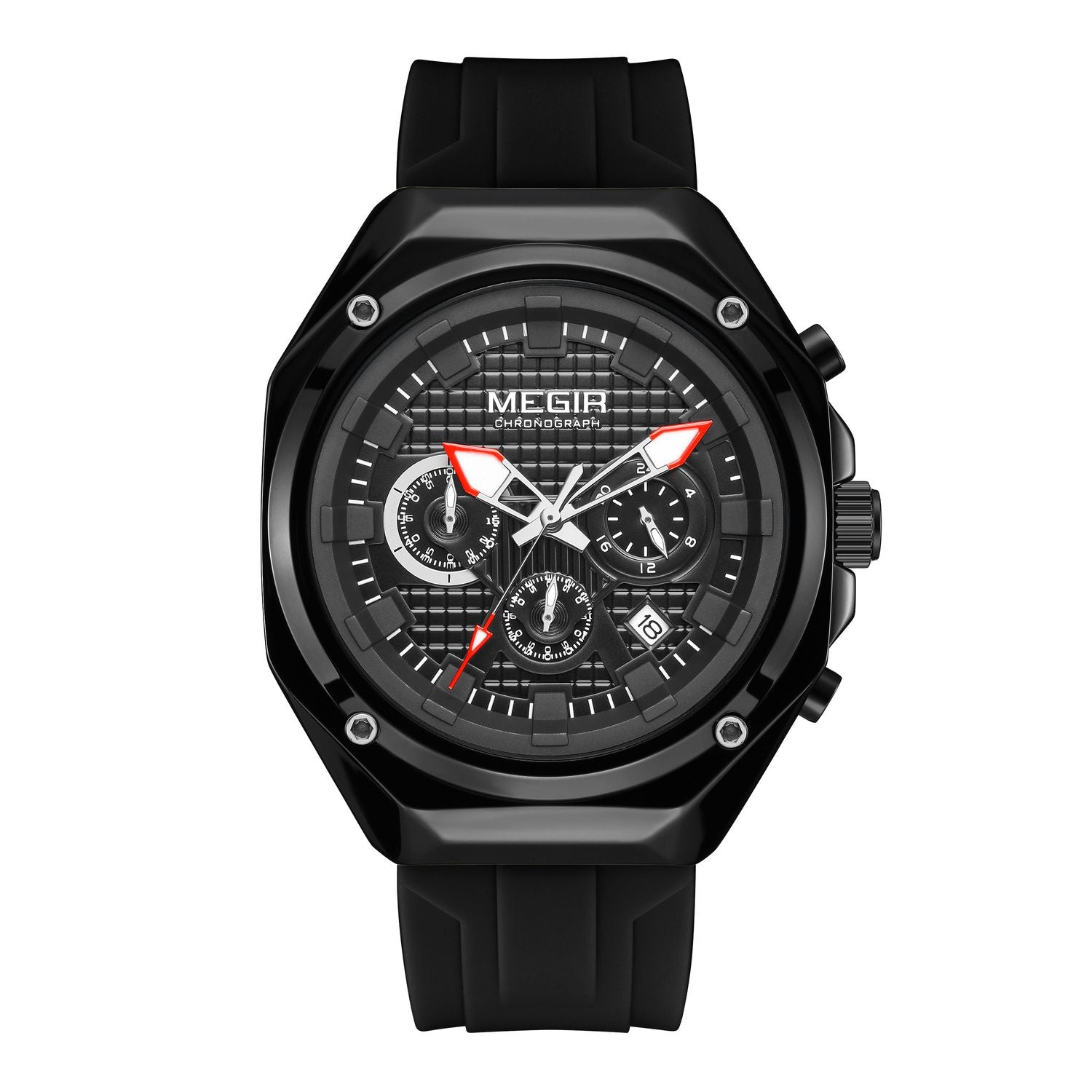 MEGIR 8118 men's chronograph watch, black case, black dial with date and black silicone strap, front view