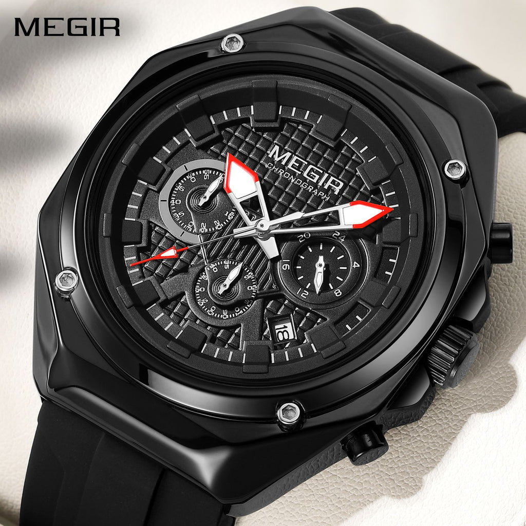 MEGIR 8118 men's chronograph watch, black case, black dial with red-tipped hands and black silicone strap, front