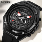 MEGIR 8118 men's chronograph watch, black case, black dial with red-tipped hands and black silicone strap, front