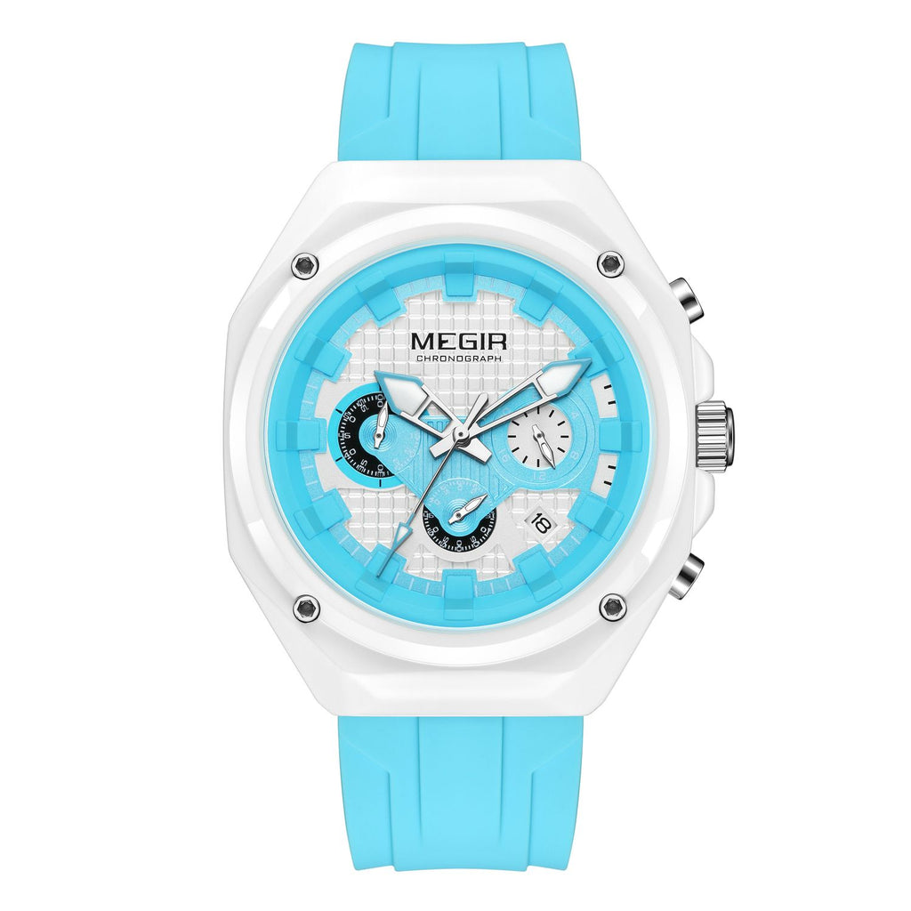 MEGIR 8118 men's chronograph watch, white case, light blue dial with date and blue silicone strap, front view