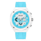 MEGIR 8118 men's chronograph watch, white case, light blue dial with date and blue silicone strap, front view