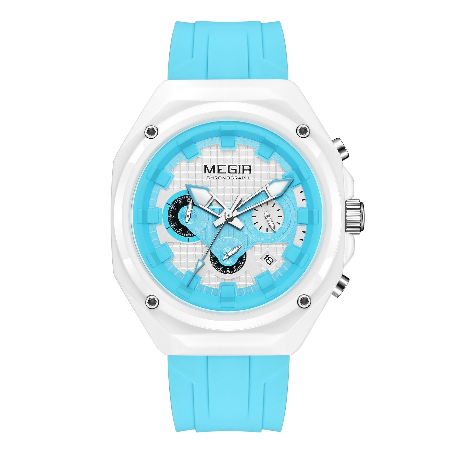 MEGIR 8118 men's chronograph watch, white case, light blue dial with date and blue silicone strap, front view