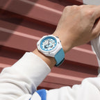 MEGIR 8118 chronograph watch on the wrist, white case, light blue dial and blue silicone strap