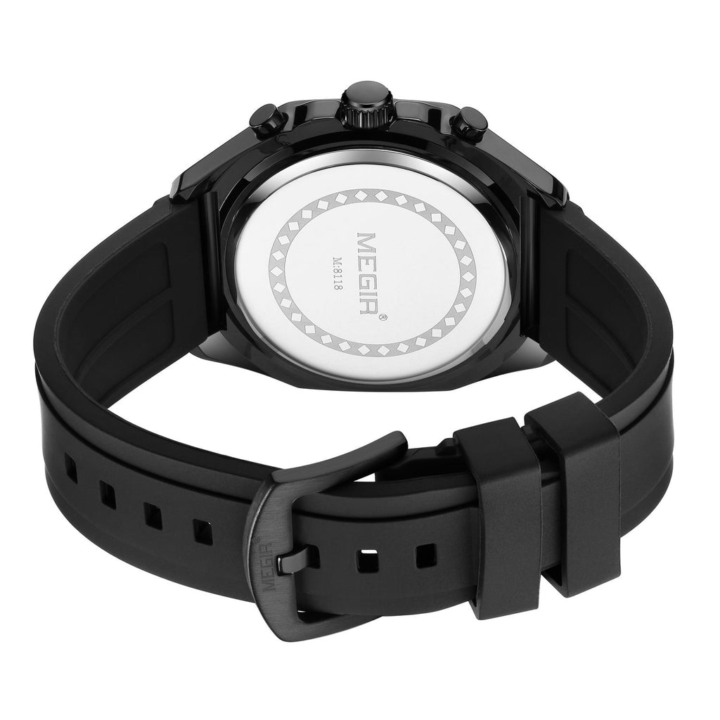 MEGIR 8118 chronograph watch caseback with brand engraving and black silicone strap and buckle