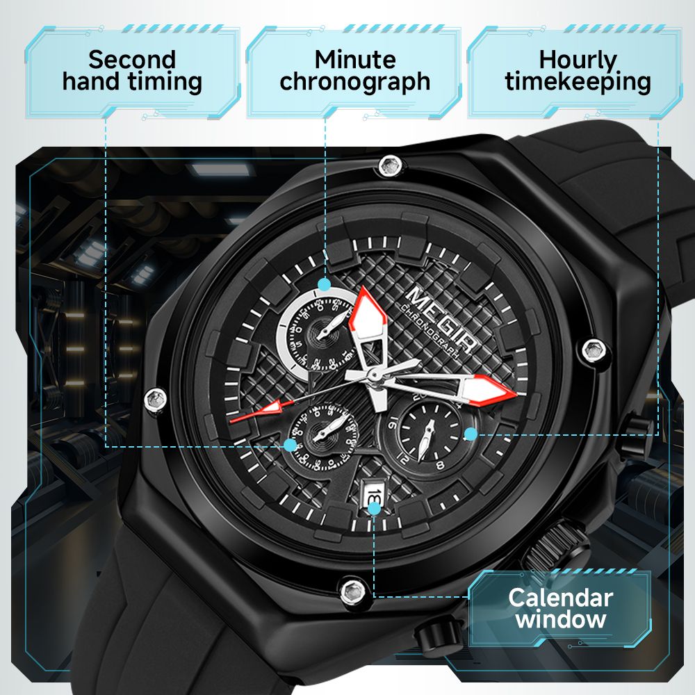 MEGIR 8118 chronograph watch function graphic showing second-hand timing, minute chronograph, hourly and calendar sub-dials