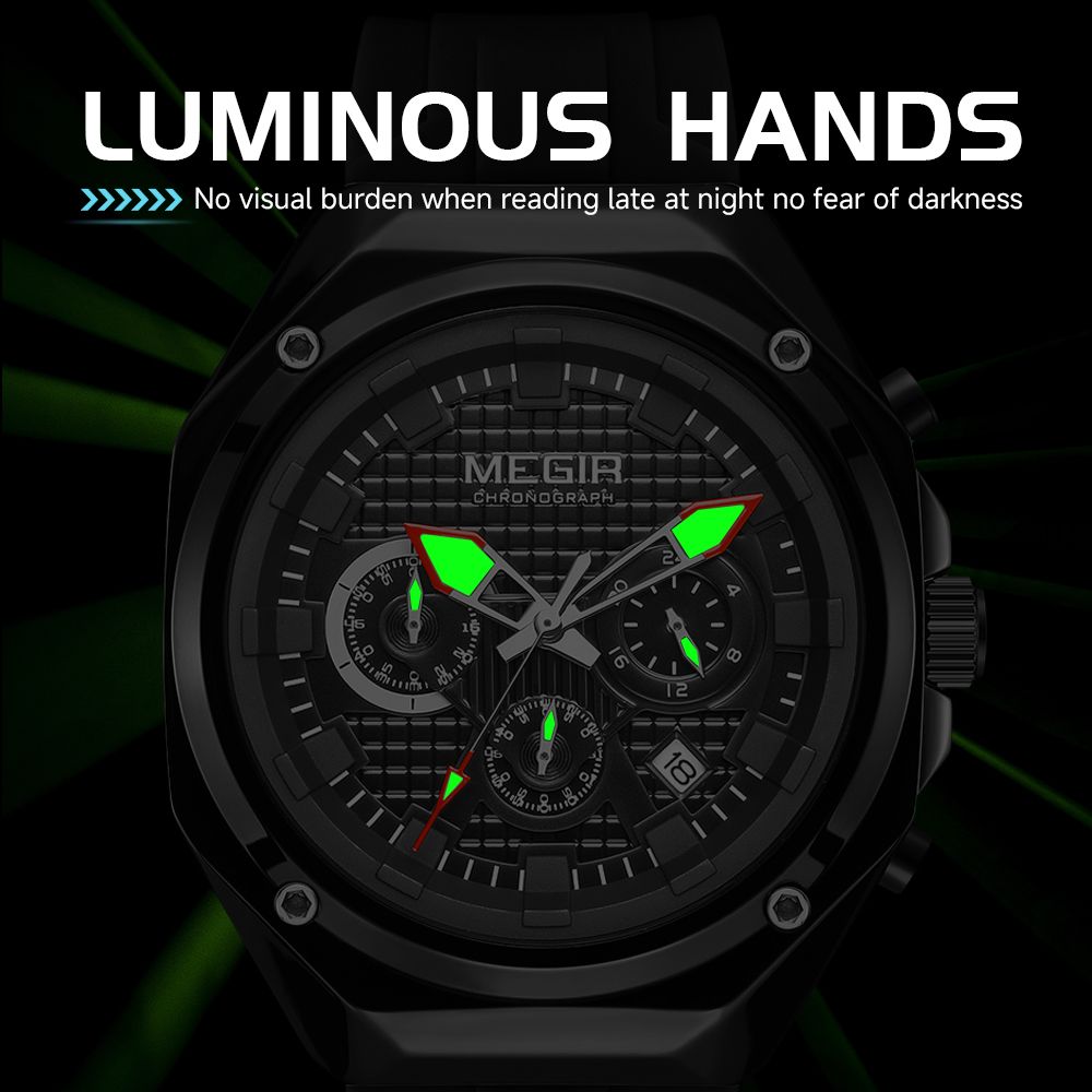MEGIR 8118 chronograph watch luminous hands feature graphic with glowing hands in the dark
