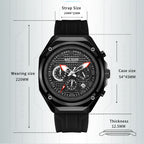 MEGIR 8118 chronograph watch parameters graphic with case size, strap size and thickness details, black model