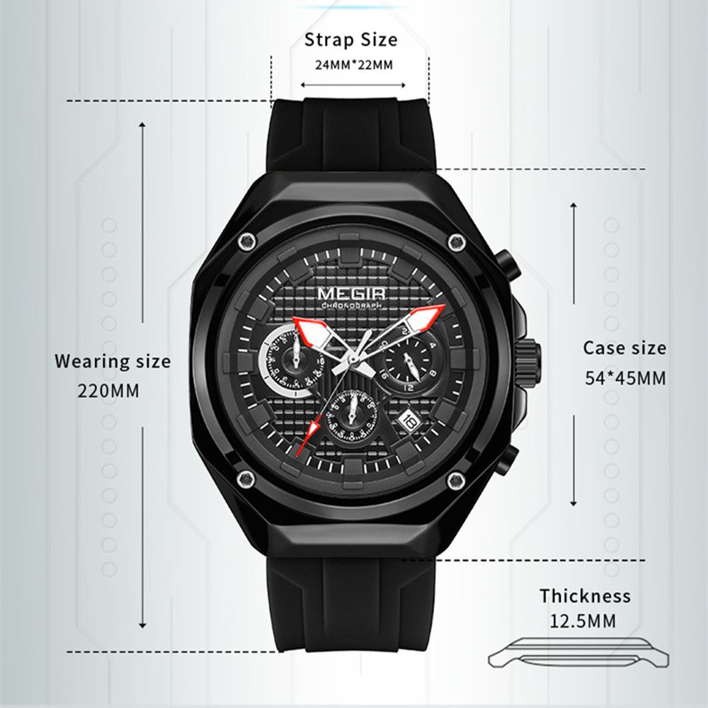 MEGIR 8118 chronograph watch parameters graphic with case size, strap size and thickness details, black model