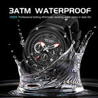 MEGIR 8118 chronograph watch 3ATM waterproof feature graphic, black model with splashing water