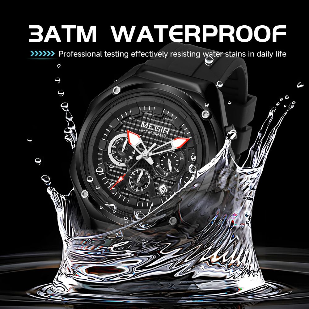 MEGIR 8118 chronograph watch 3ATM waterproof feature graphic, black model with splashing water