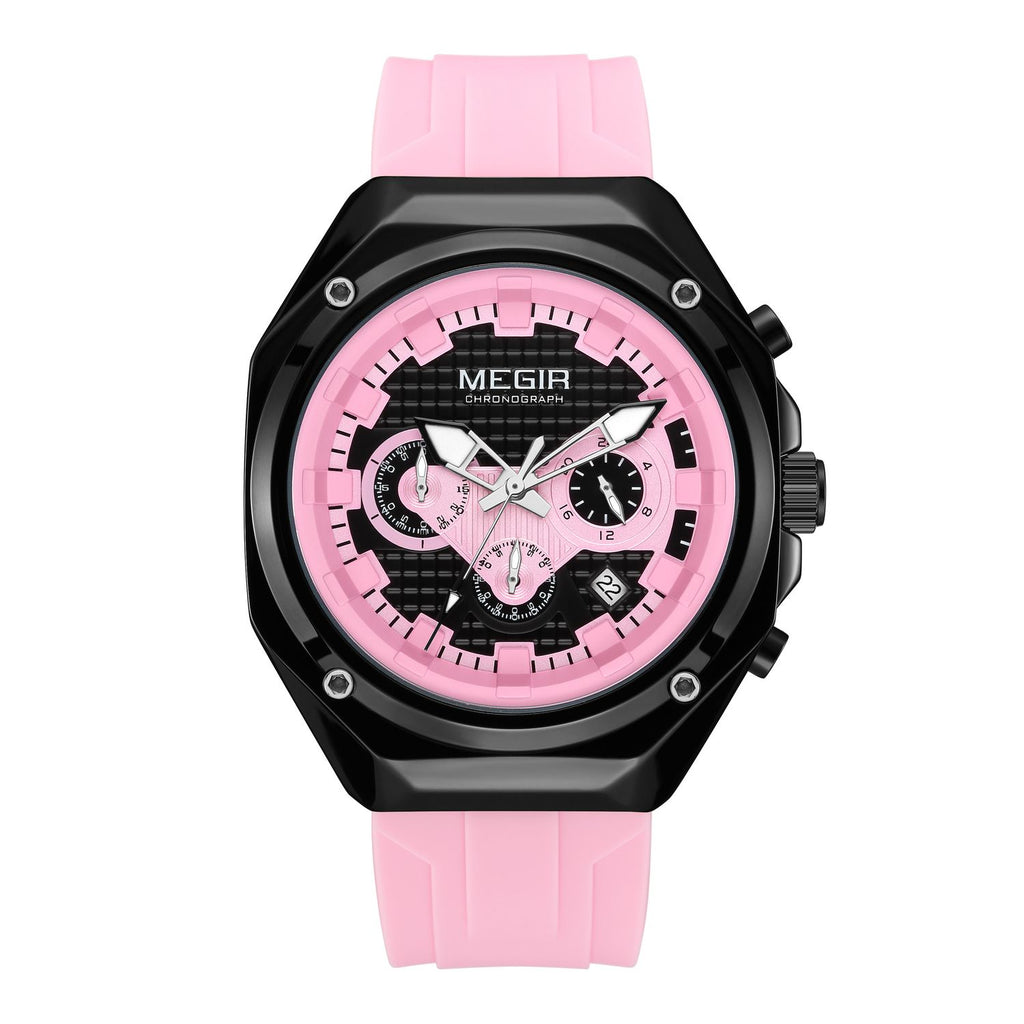 MEGIR 8118 men's chronograph watch, black case, pink dial with date and pink silicone strap, front view