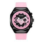 MEGIR 8118 men's chronograph watch, black case, pink dial with date and pink silicone strap, front view