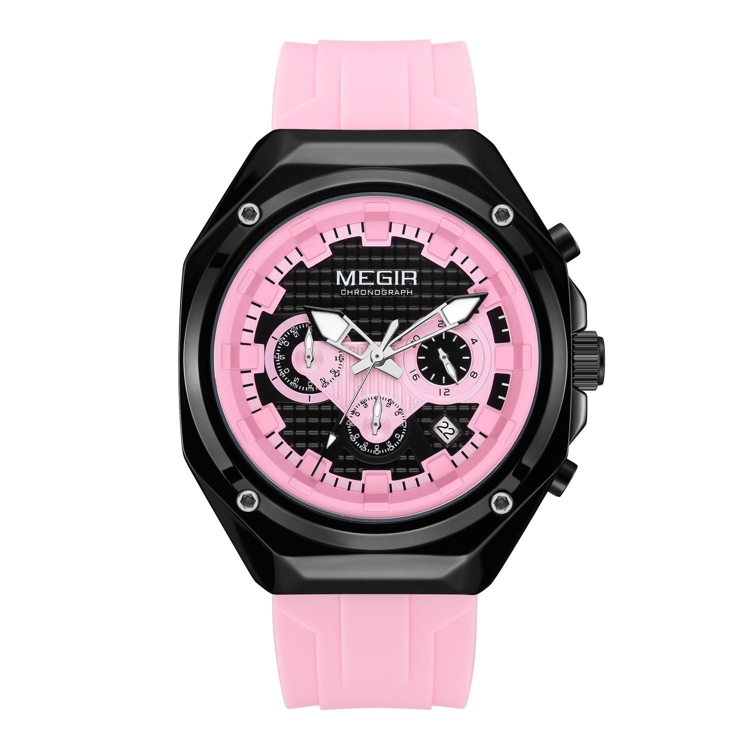 MEGIR 8118 men's chronograph watch, black case, pink dial with date and pink silicone strap, front view