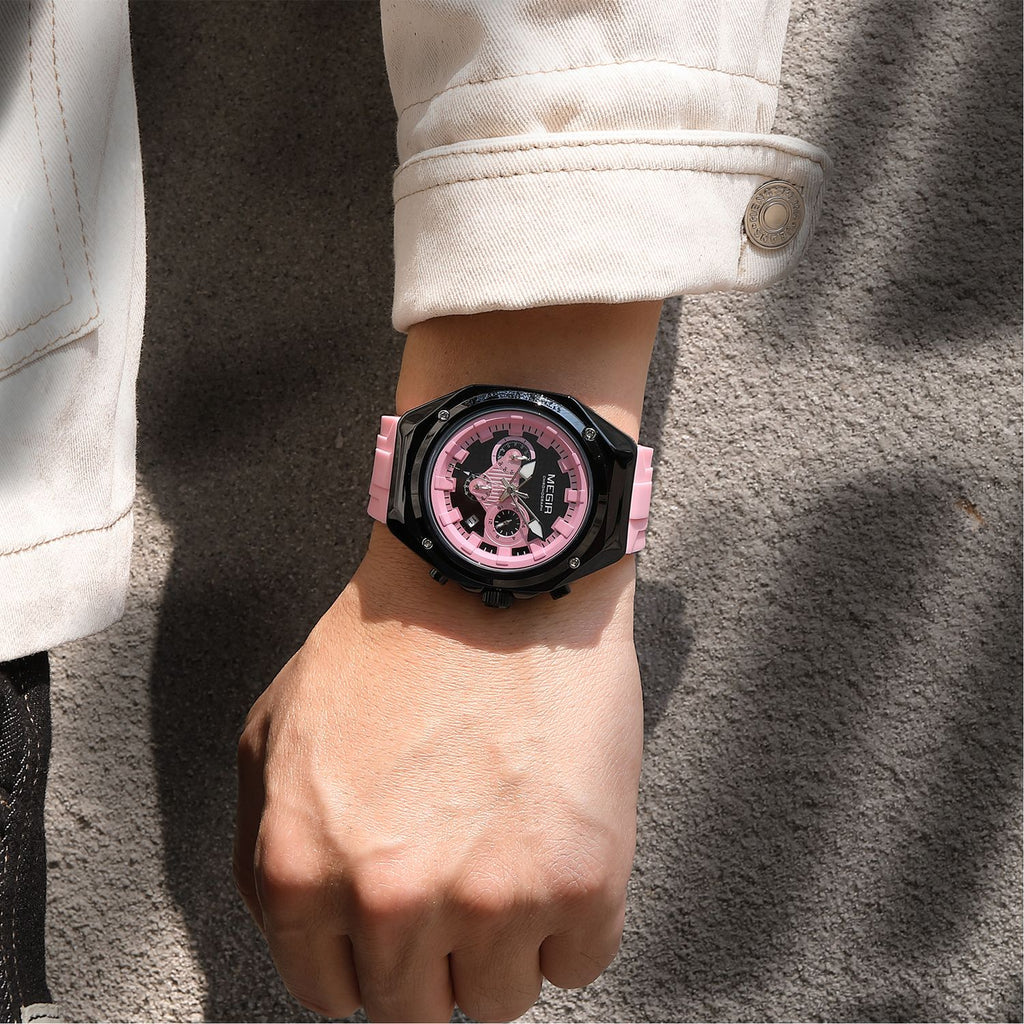 MEGIR 8118 chronograph watch on the wrist, black case, pink dial and pink silicone strap