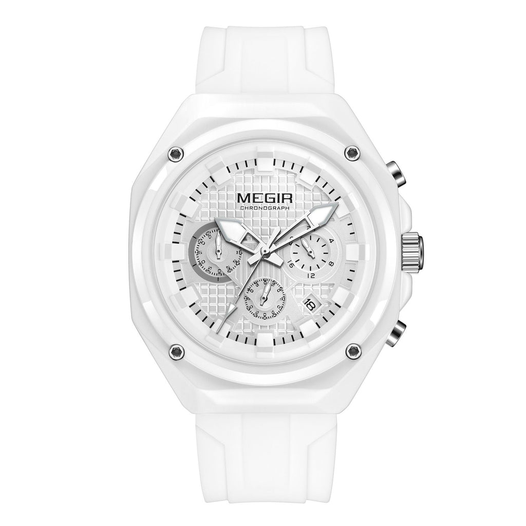 MEGIR 8118 men's chronograph watch, white case, white dial with date and white silicone strap, front view