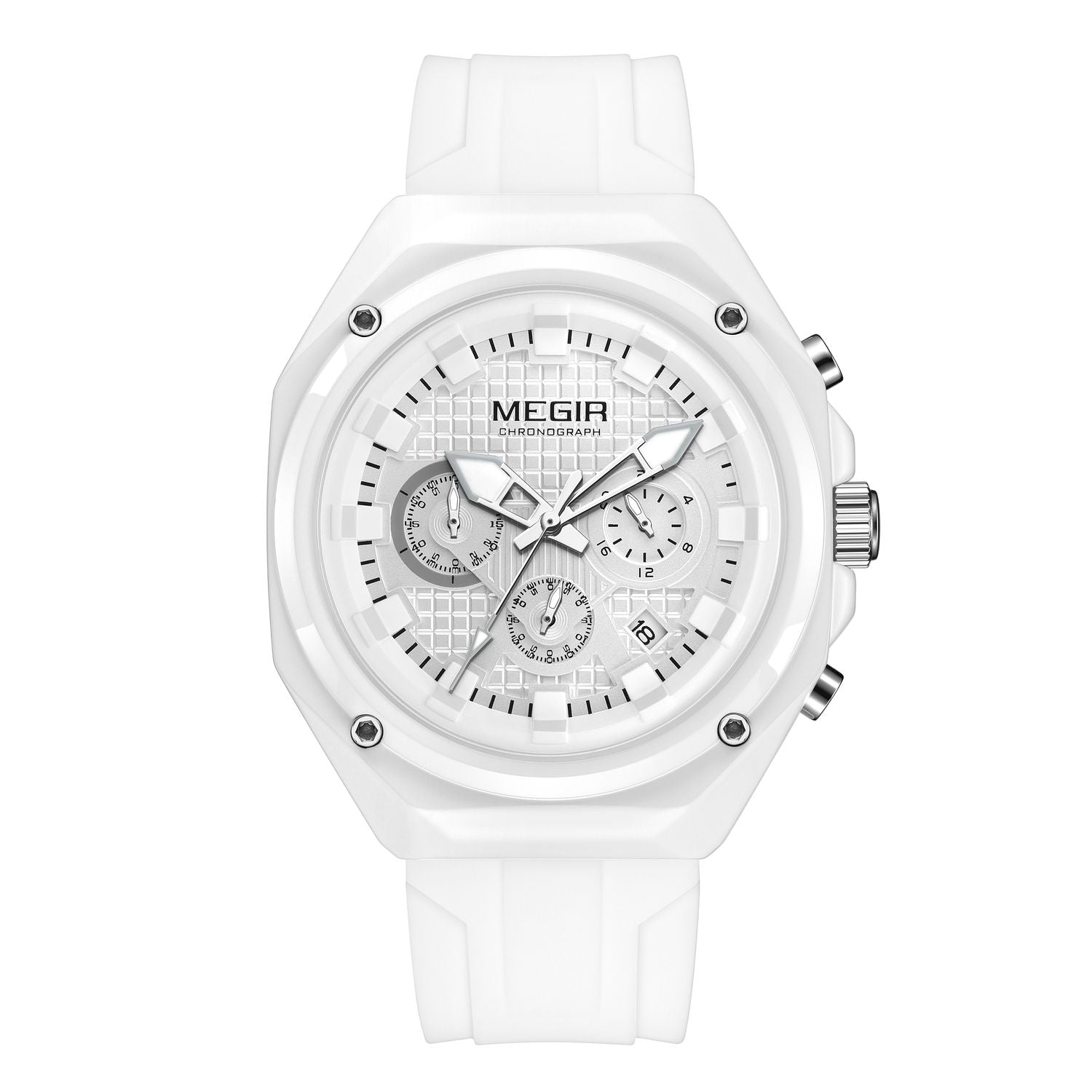 MEGIR 8118 men's chronograph watch, white case, white dial with date and white silicone strap, front view