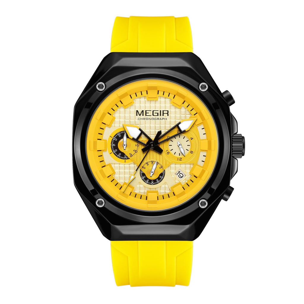 MEGIR 8118 men's chronograph watch, black case, yellow dial with date and yellow silicone strap, front view