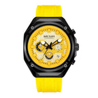 MEGIR 8118 men's chronograph watch, black case, yellow dial with date and yellow silicone strap, front view
